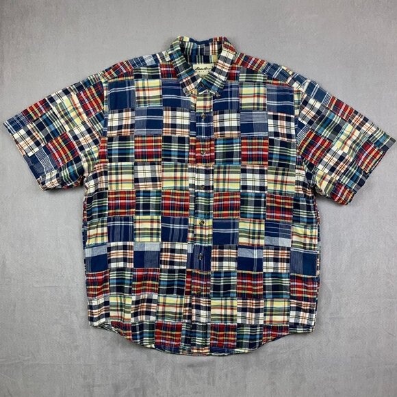 Eddie Bauer Mens Shirt Large Multicolor Patchwork Plaid Button Up 100% Cotton - Picture 1 of 6